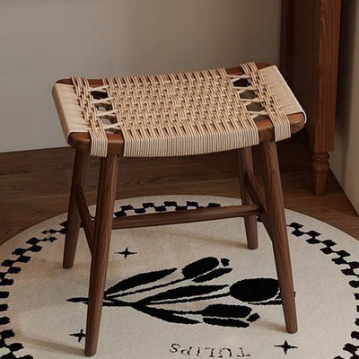 Traditional Rustic Rectangular Kraft Paper Rope Solid Wood Vanity Stool Backless Armless For Bedroom