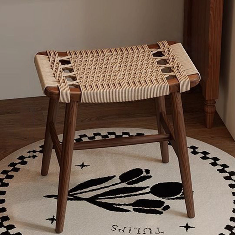 Traditional Rustic Rectangular Kraft Paper Rope Solid Wood Vanity Stool Backless Armless For Bedroom