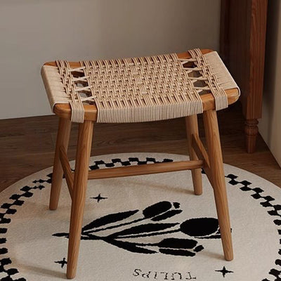 Traditional Rustic Rectangular Kraft Paper Rope Solid Wood Vanity Stool Backless Armless For Bedroom