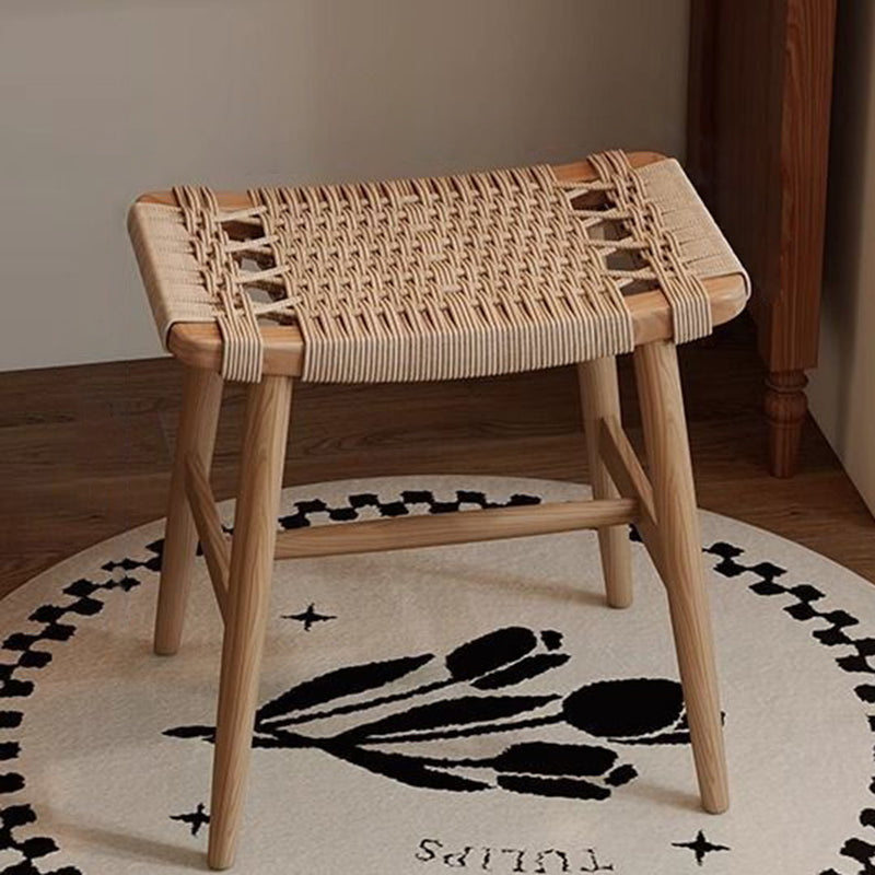 Traditional Rustic Rectangular Kraft Paper Rope Solid Wood Vanity Stool Backless Armless For Bedroom