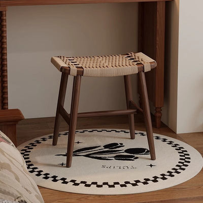 Traditional Rustic Rectangular Kraft Paper Rope Solid Wood Vanity Stool Backless Armless For Bedroom