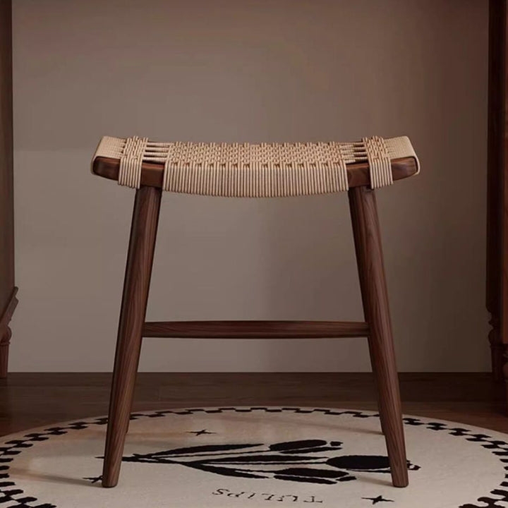 Traditional Rustic Rectangular Kraft Paper Rope Solid Wood Vanity Stool Backless Armless For Bedroom