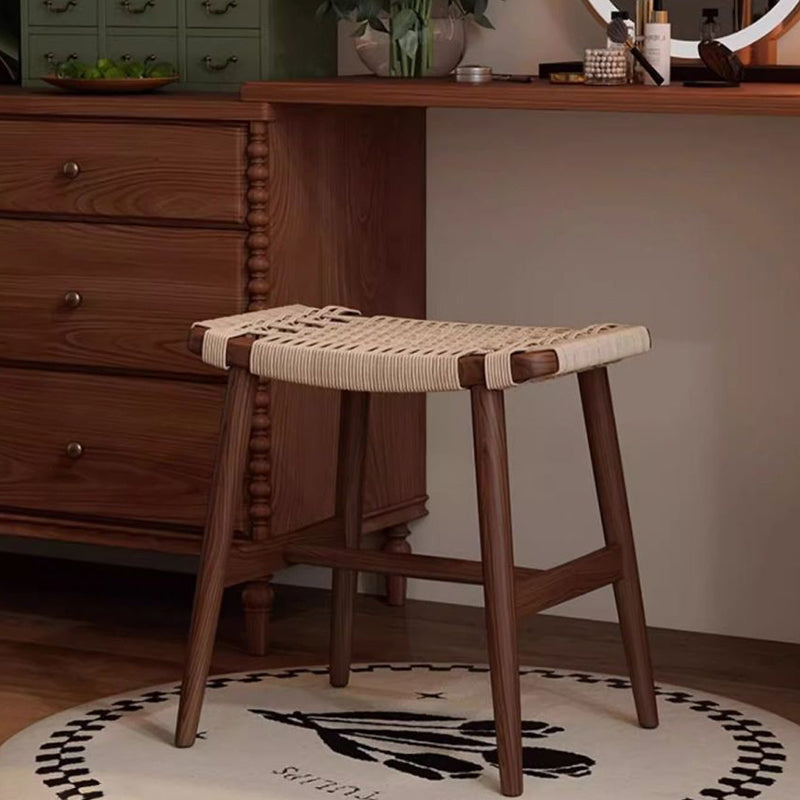 Traditional Rustic Rectangular Kraft Paper Rope Solid Wood Vanity Stool Backless Armless For Bedroom