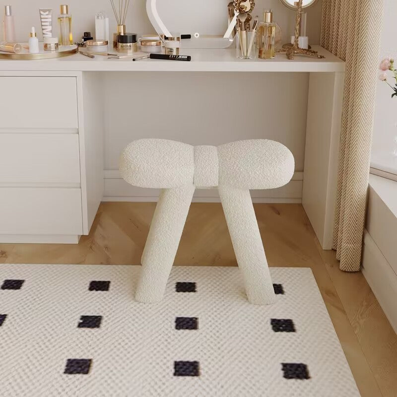 Contemporary Creative Bow-Shaped Lambswool Solid Wood Vanity Stool Backless Armless For Bedroom