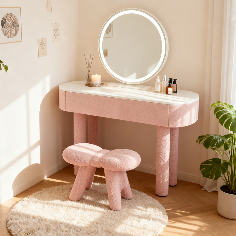 Contemporary Creative Bow-Shaped Lambswool Solid Wood Vanity Stool Backless Armless For Bedroom