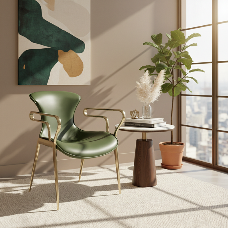 Contemporary Luxury Curved Saddle Leather Carbon Steel Dining Chair Backrest Armrest For Dining Room