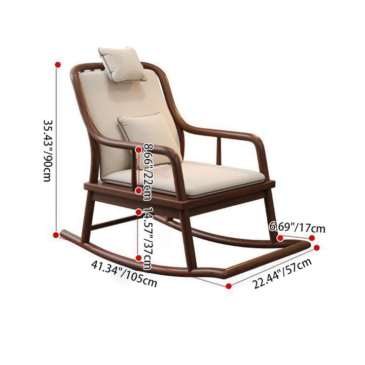Fauteuil à bascule en bois massif rectangulaire traditionnel chinois avec dossier et accoudoirs en coton-lin pour salon 