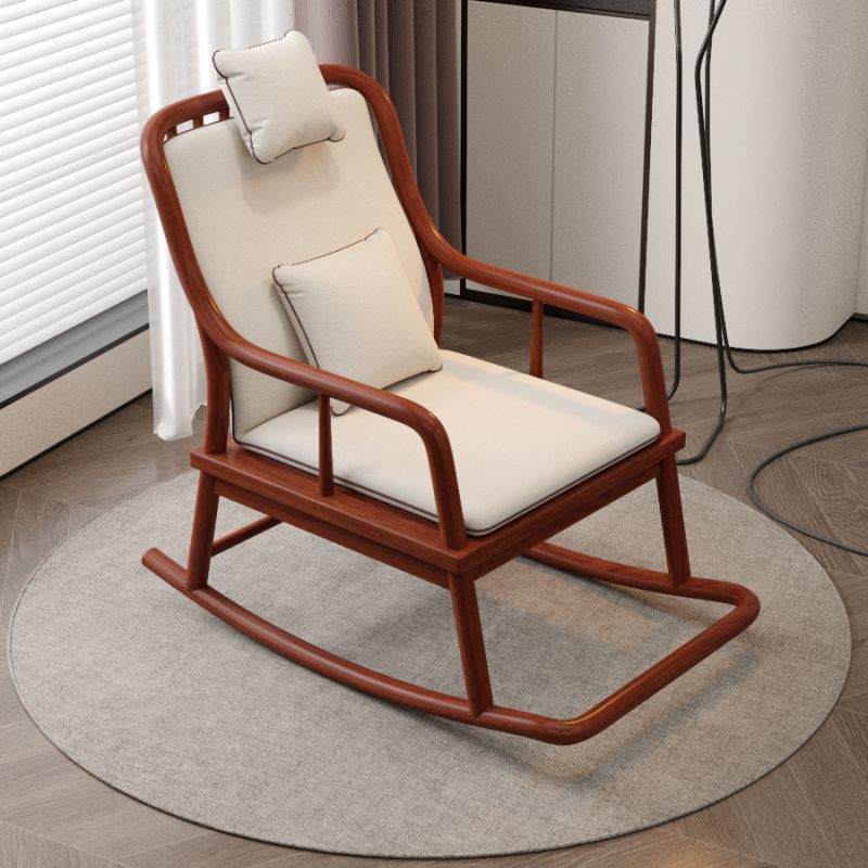 Traditional Chinese Rectangular Solid Wood &amp; Plywood Cotton-Linen Rocking Chair Backrest Armrest For Living Room