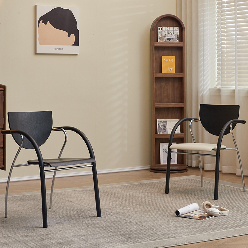 Modern Art Deco Curved Fabric Solid Wood Multi-Layer Plate Iron Stainless Steel Dining Chair Backrest Armrest For Dining Room