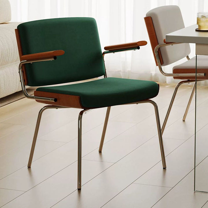 Moderner minimalistischer rechteckiger Stoff Massivholz Mehrschichtplatte Massivholz Eisen Edelstahl Esszimmerstuhl Rückenlehne Armlehne für Esszimmer 
