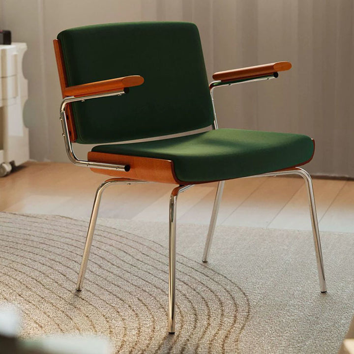 Moderner minimalistischer rechteckiger Stoff Massivholz Mehrschichtplatte Massivholz Eisen Edelstahl Esszimmerstuhl Rückenlehne Armlehne für Esszimmer 