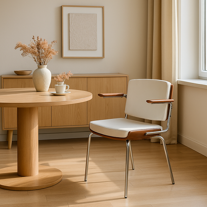 Moderner minimalistischer rechteckiger Stoff Massivholz Mehrschichtplatte Massivholz Eisen Edelstahl Esszimmerstuhl Rückenlehne Armlehne für Esszimmer 