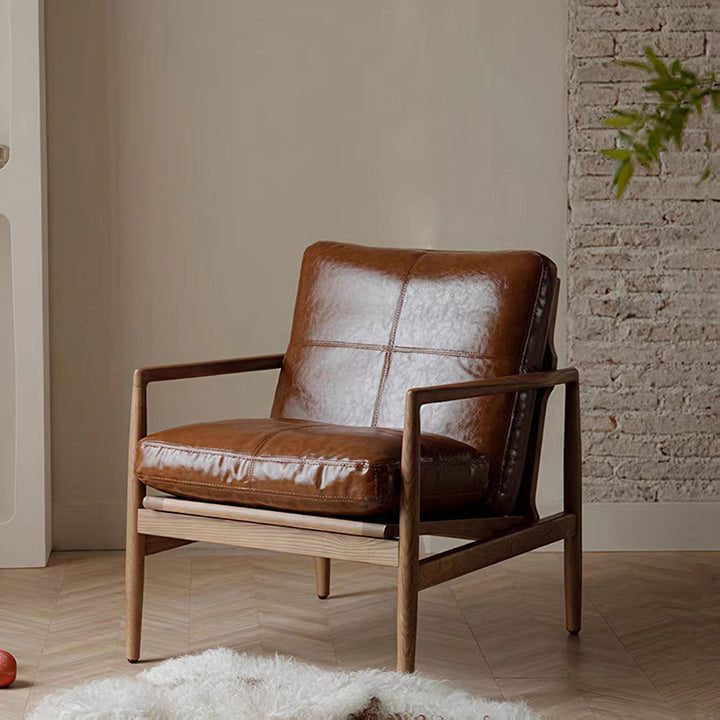 Silla de acento de madera maciza con respaldo y reposabrazos de cuero encerado al aceite vintage tradicional rectangular para sala de estar 