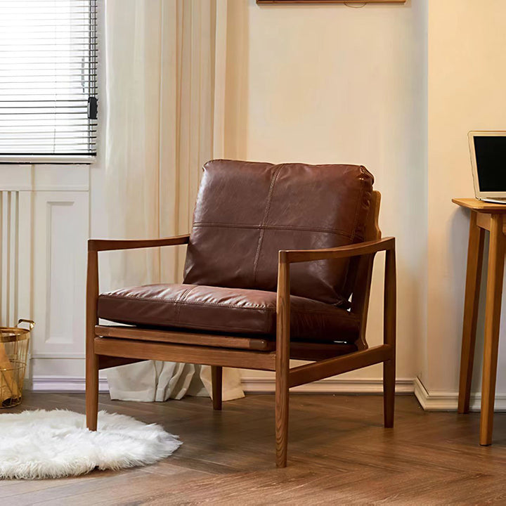 Silla de acento de madera maciza con respaldo y reposabrazos de cuero encerado al aceite vintage tradicional rectangular para sala de estar 