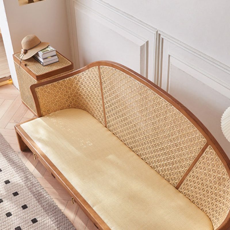 Contemporary Boho Curved Solid Wood Rattan Linen Accent Chair Backrest Armrest For Living Room