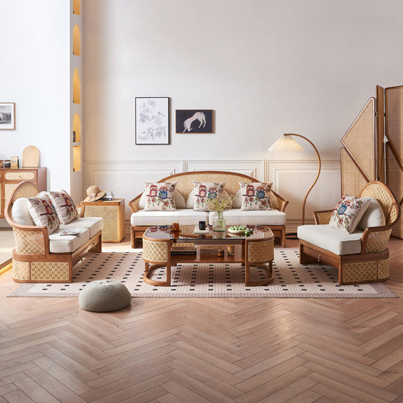 Contemporary Boho Curved Solid Wood Rattan Linen Accent Chair Backrest Armrest For Living Room