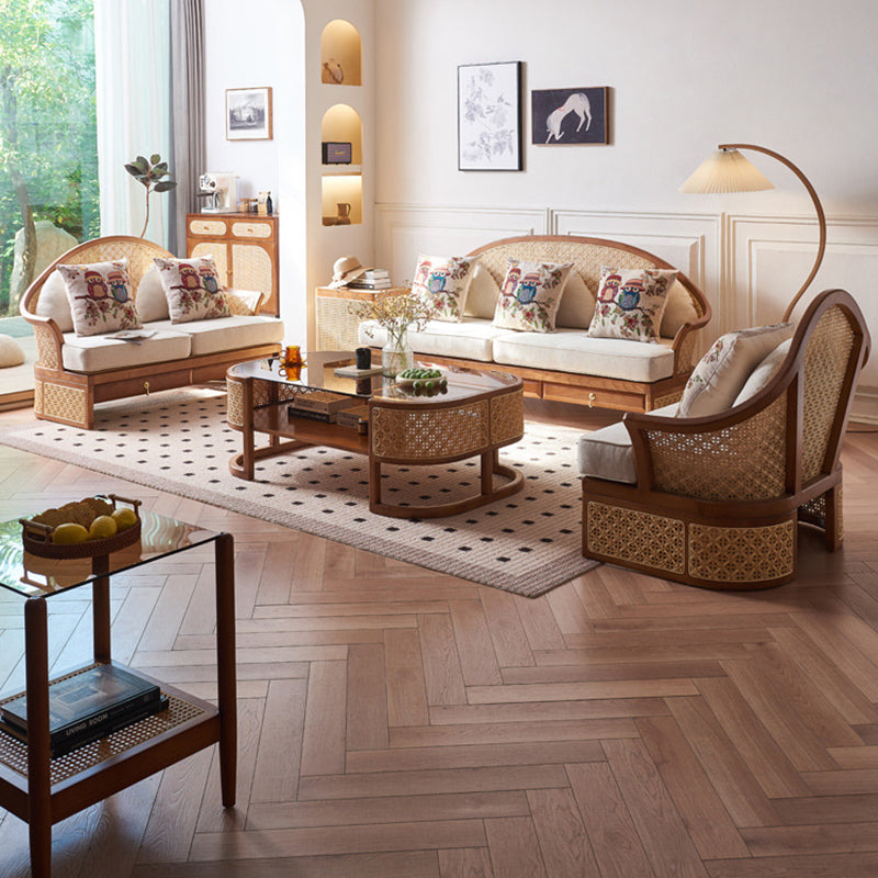 Contemporary Boho Curved Solid Wood Rattan Linen Accent Chair Backrest Armrest For Living Room