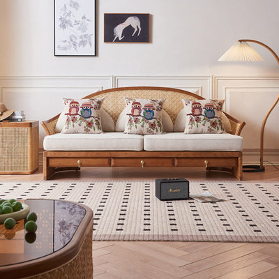 Contemporary Boho Curved Solid Wood Rattan Linen Accent Chair Backrest Armrest For Living Room