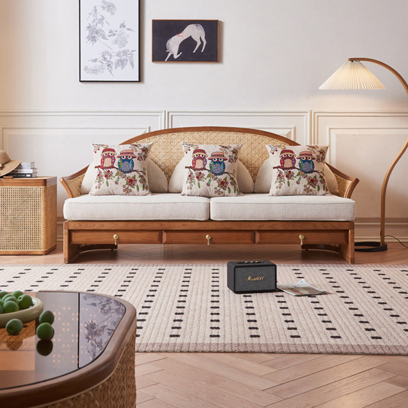 Contemporary Boho Curved Solid Wood Rattan Linen Accent Chair Backrest Armrest For Living Room