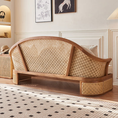 Contemporary Boho Curved Solid Wood Rattan Linen Accent Chair Backrest Armrest For Living Room