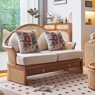 Contemporary Boho Curved Solid Wood Rattan Linen Accent Chair Backrest Armrest For Living Room