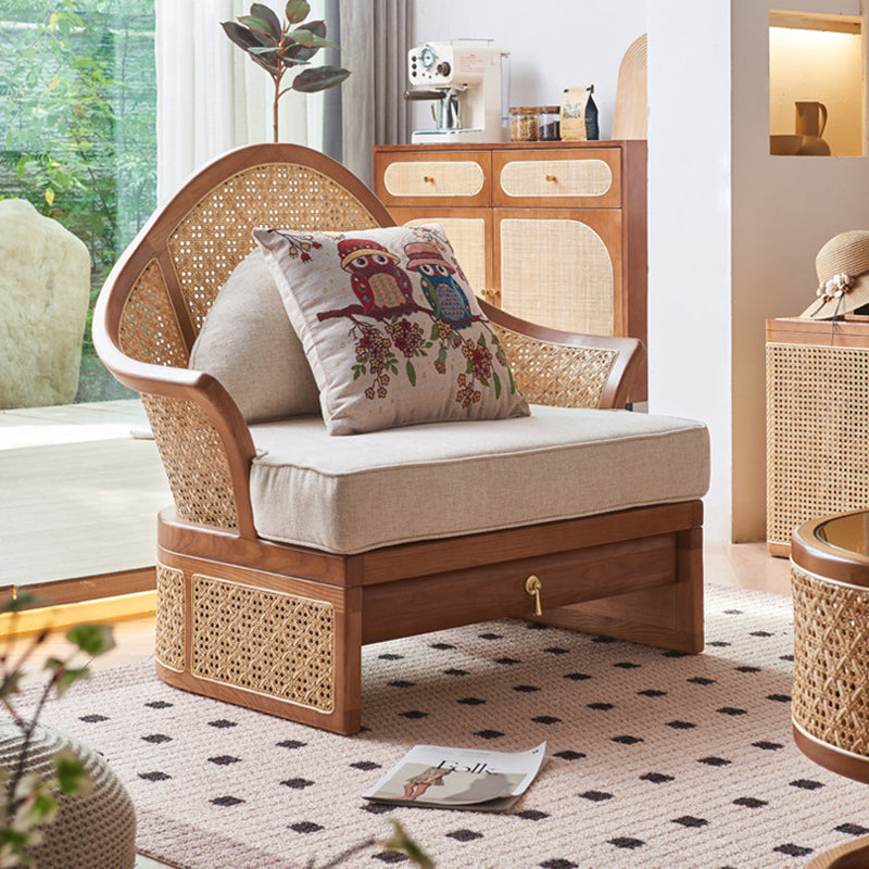 Contemporary Boho Curved Solid Wood Rattan Linen Accent Chair Backrest Armrest For Living Room