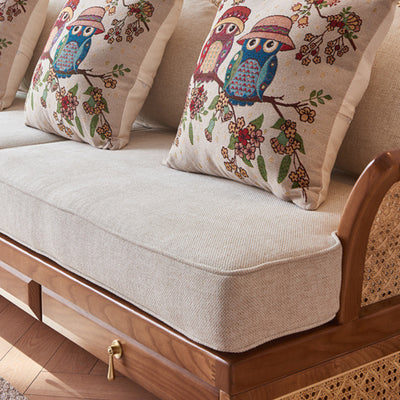 Contemporary Boho Curved Solid Wood Rattan Linen Accent Chair Backrest Armrest For Living Room