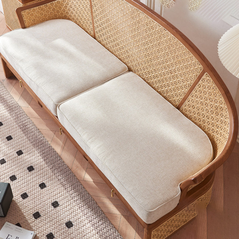 Contemporary Boho Curved Solid Wood Rattan Linen Accent Chair Backrest Armrest For Living Room