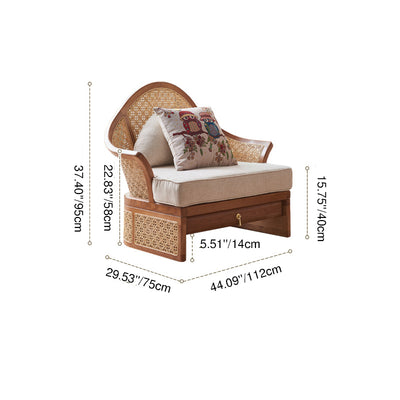 Contemporary Boho Curved Solid Wood Rattan Linen Accent Chair Backrest Armrest For Living Room