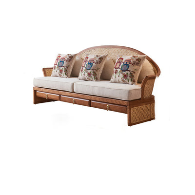 Contemporary Boho Curved Solid Wood Rattan Linen Accent Chair Backrest Armrest For Living Room