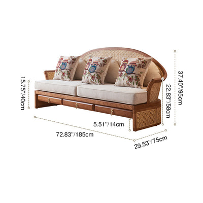 Contemporary Boho Curved Solid Wood Rattan Linen Accent Chair Backrest Armrest For Living Room