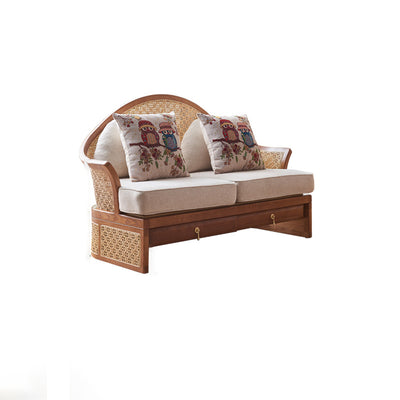 Contemporary Boho Curved Solid Wood Rattan Linen Accent Chair Backrest Armrest For Living Room