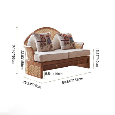 Contemporary Boho Curved Solid Wood Rattan Linen Accent Chair Backrest Armrest For Living Room