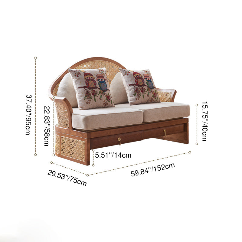 Contemporary Boho Curved Solid Wood Rattan Linen Accent Chair Backrest Armrest For Living Room