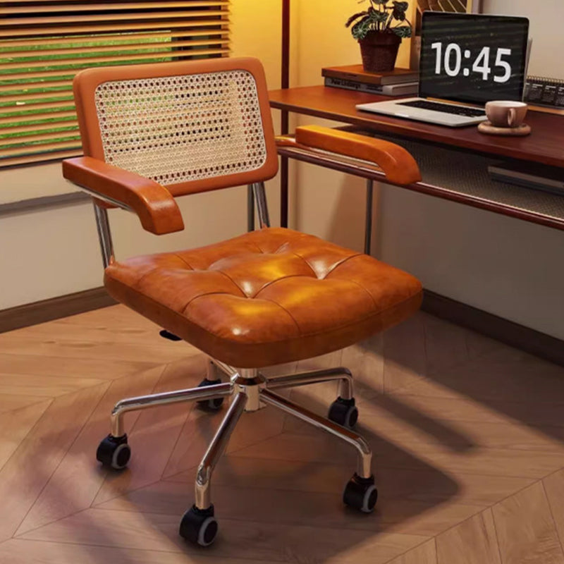 Modern Minimalist Rectangular Rattan Solid Wood Steel Oil-Waxed Leather Desk Chair Backrest Armrest For Home Office