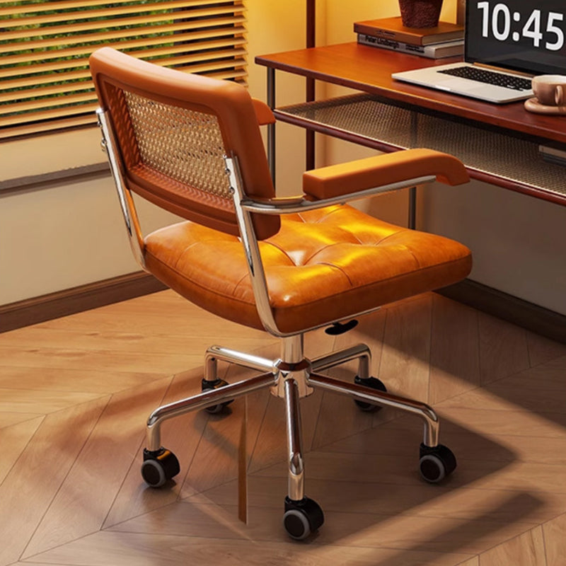 Silla de Escritorio Moderna Minimalista Rectangular de Ratán Madera Maciza Acero Cuero Encerado con Respaldo y Reposabrazos para Oficina en Casa 