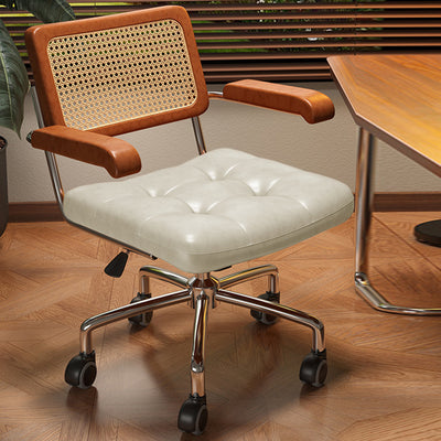 Modern Minimalist Rectangular Rattan Solid Wood Steel Oil-Waxed Leather Desk Chair Backrest Armrest For Home Office