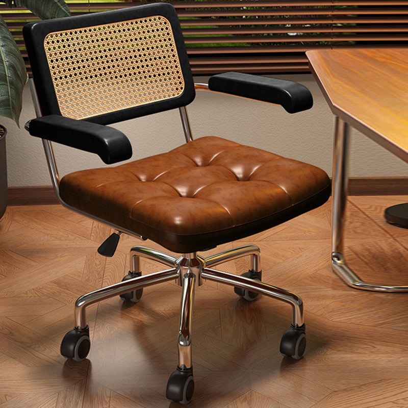 Modern Minimalist Rectangular Rattan Solid Wood Steel Oil-Waxed Leather Desk Chair Backrest Armrest For Home Office