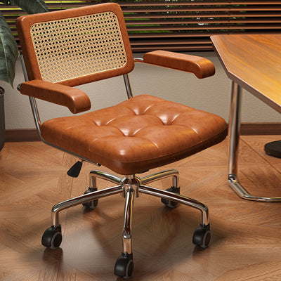 Modern Minimalist Rectangular Rattan Solid Wood Steel Oil-Waxed Leather Desk Chair Backrest Armrest For Home Office