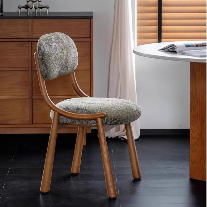 Traditional Vintage Curved Solid Wood Cotton-Linen Dining Chair Backrest Armless For Dining Room &amp; Kitchen