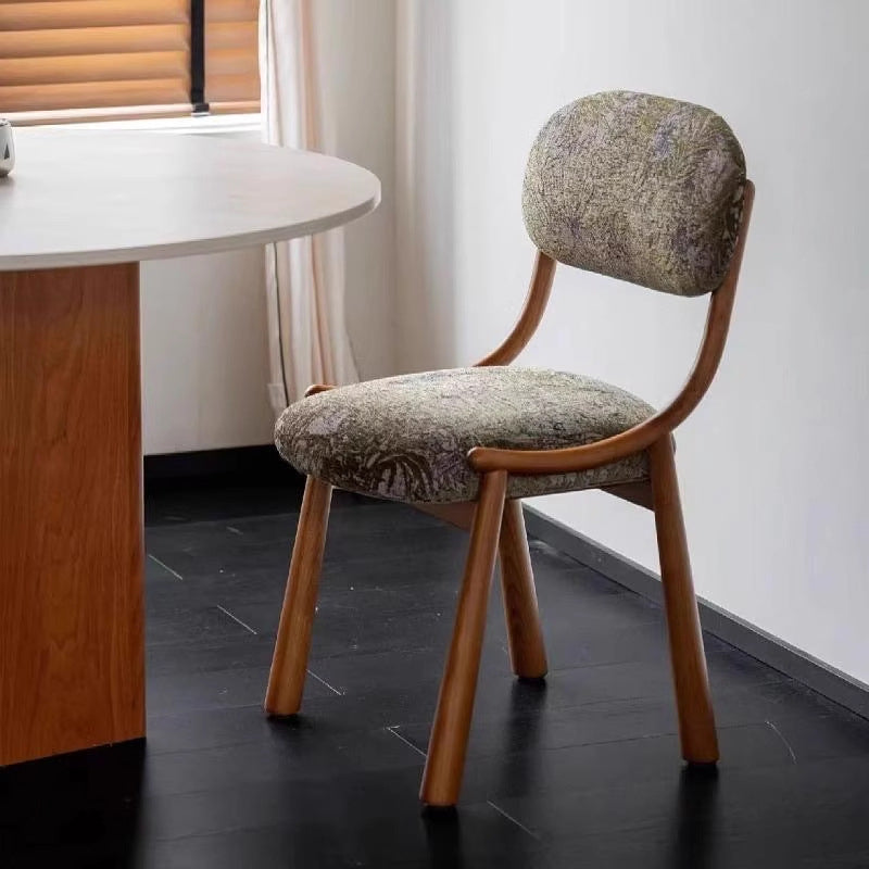 Traditional Vintage Curved Solid Wood Cotton-Linen Dining Chair Backrest Armless For Dining Room &amp; Kitchen