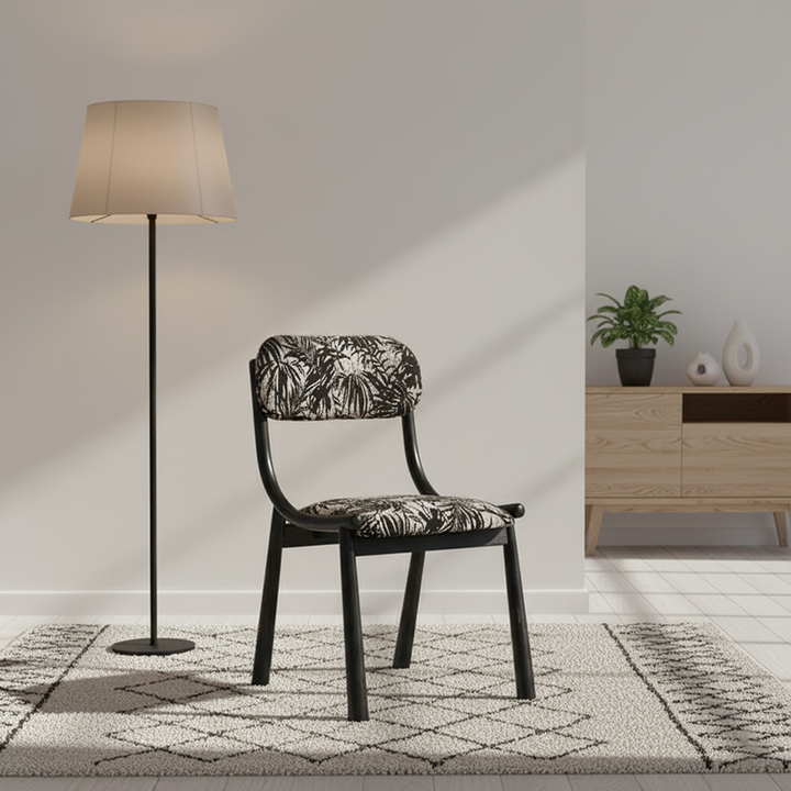 Traditioneller Vintage gebogener Massivholz Baumwoll-Leinen Esszimmerstuhl Rückenlehne ohne Armlehnen für Esszimmer & Küche 