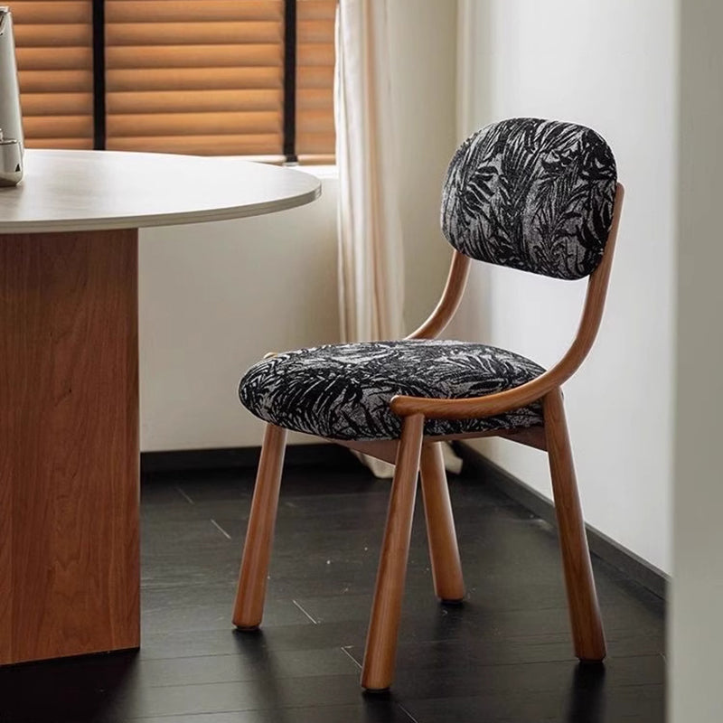 Traditional Vintage Curved Solid Wood Cotton-Linen Dining Chair Backrest Armless For Dining Room &amp; Kitchen