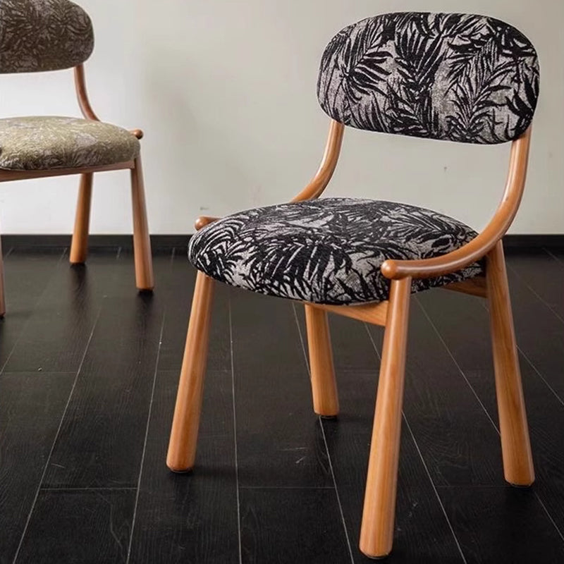 Traditional Vintage Curved Solid Wood Cotton-Linen Dining Chair Backrest Armless For Dining Room &amp; Kitchen
