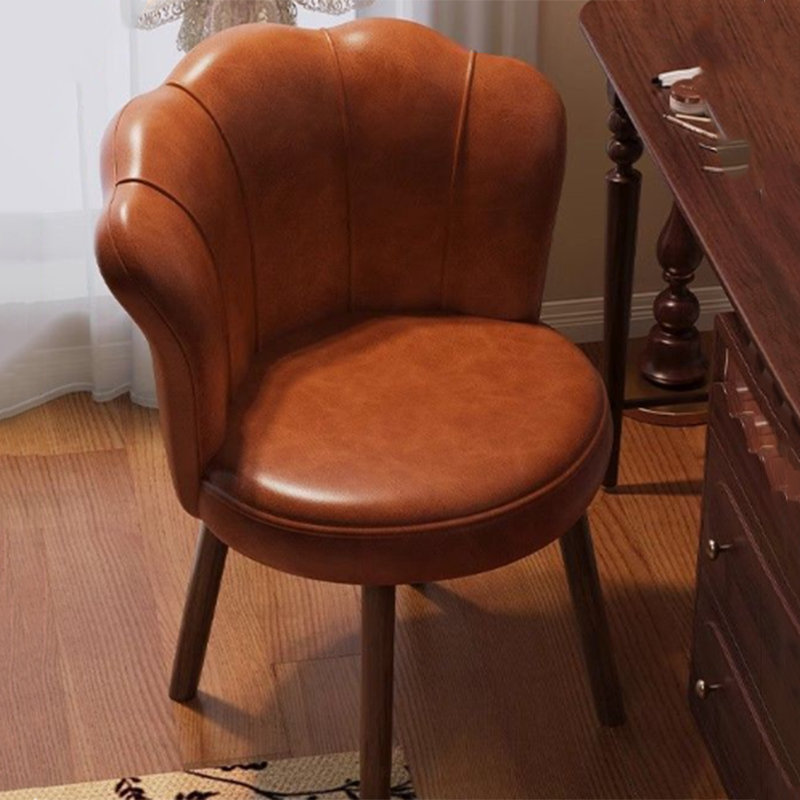 Traditional Vintage Petal-Shaped Oil-Waxed Leather Solid Wood Vanity Stool Backrest Armless For Bedroom