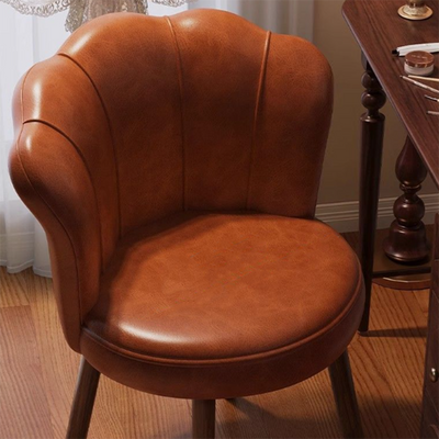 Traditional Vintage Petal-Shaped Oil-Waxed Leather Solid Wood Vanity Stool Backrest Armless For Bedroom