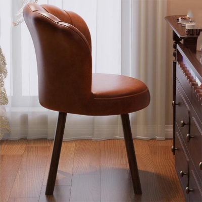 Traditional Vintage Petal-Shaped Oil-Waxed Leather Solid Wood Vanity Stool Backrest Armless For Bedroom