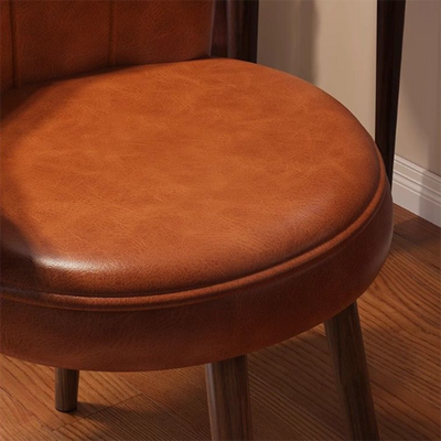 Traditional Vintage Petal-Shaped Oil-Waxed Leather Solid Wood Vanity Stool Backrest Armless For Bedroom