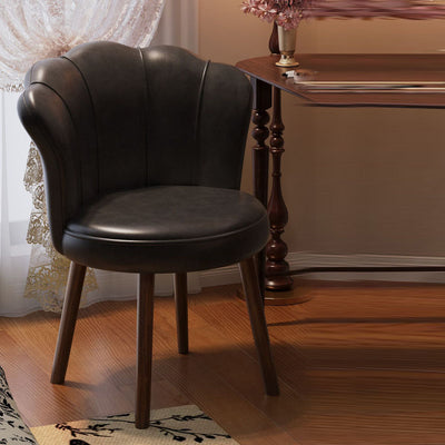 Traditional Vintage Petal-Shaped Oil-Waxed Leather Solid Wood Vanity Stool Backrest Armless For Bedroom