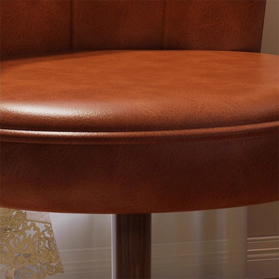 Traditional Vintage Petal-Shaped Oil-Waxed Leather Solid Wood Vanity Stool Backrest Armless For Bedroom